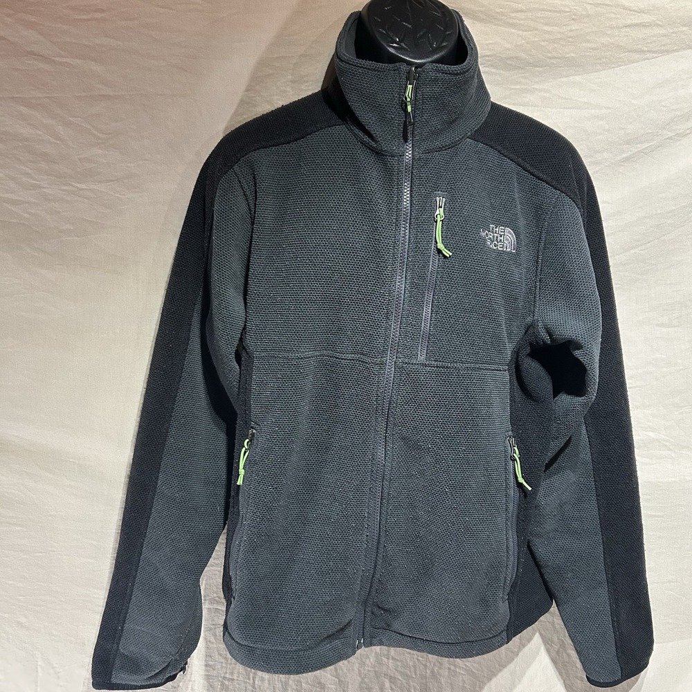 The North Face Mens Medium Black Grid Fleece Full Zip Jacket Neon Green Pulls